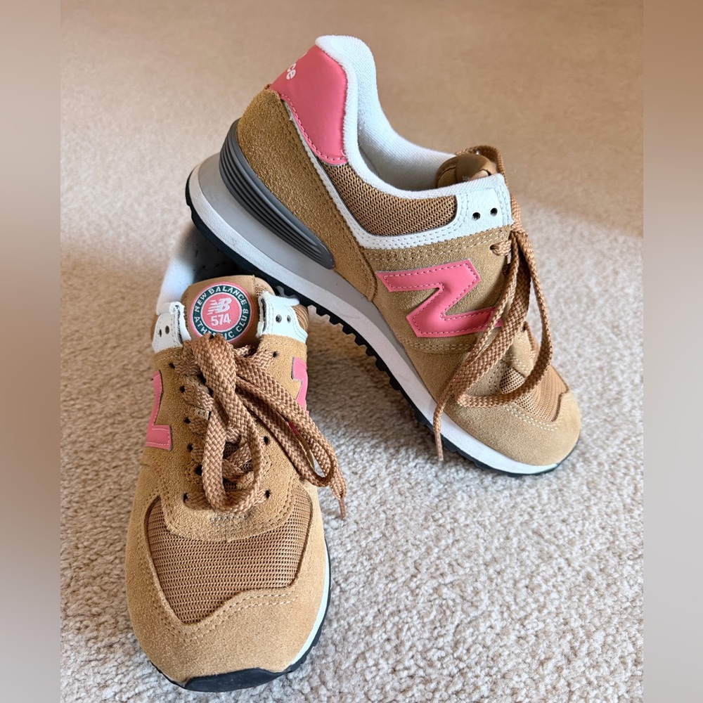 New Balance 574 Sneakers in Tan and Pink